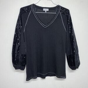 ACOA Puffed Velvet Sequins Sleeves Top Womens Oversized Sz S Black Waffle Knit